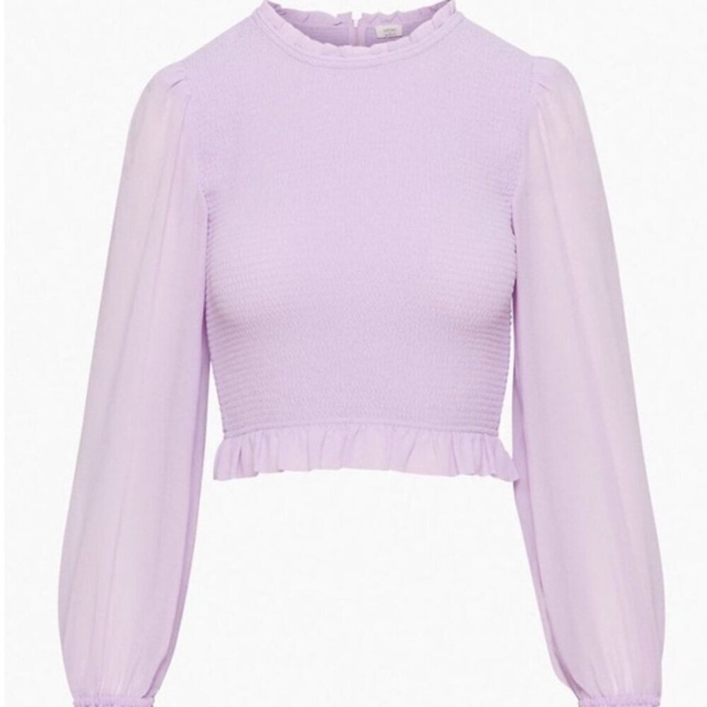 Aritzia Lilac Puff-Sleeve Smocked Crop Blouse